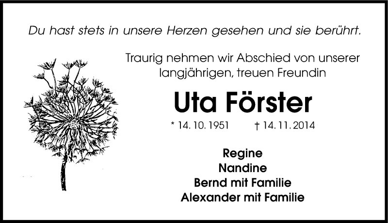  Traueranzeige für Uta Förster vom 22.11.2014 aus Erlanger Nachrichten Lokal